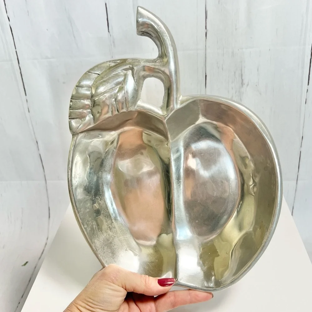 Vintage Pewter Apple Shaped Divided Serving Tray - Heavy Metalware Relish Dish
